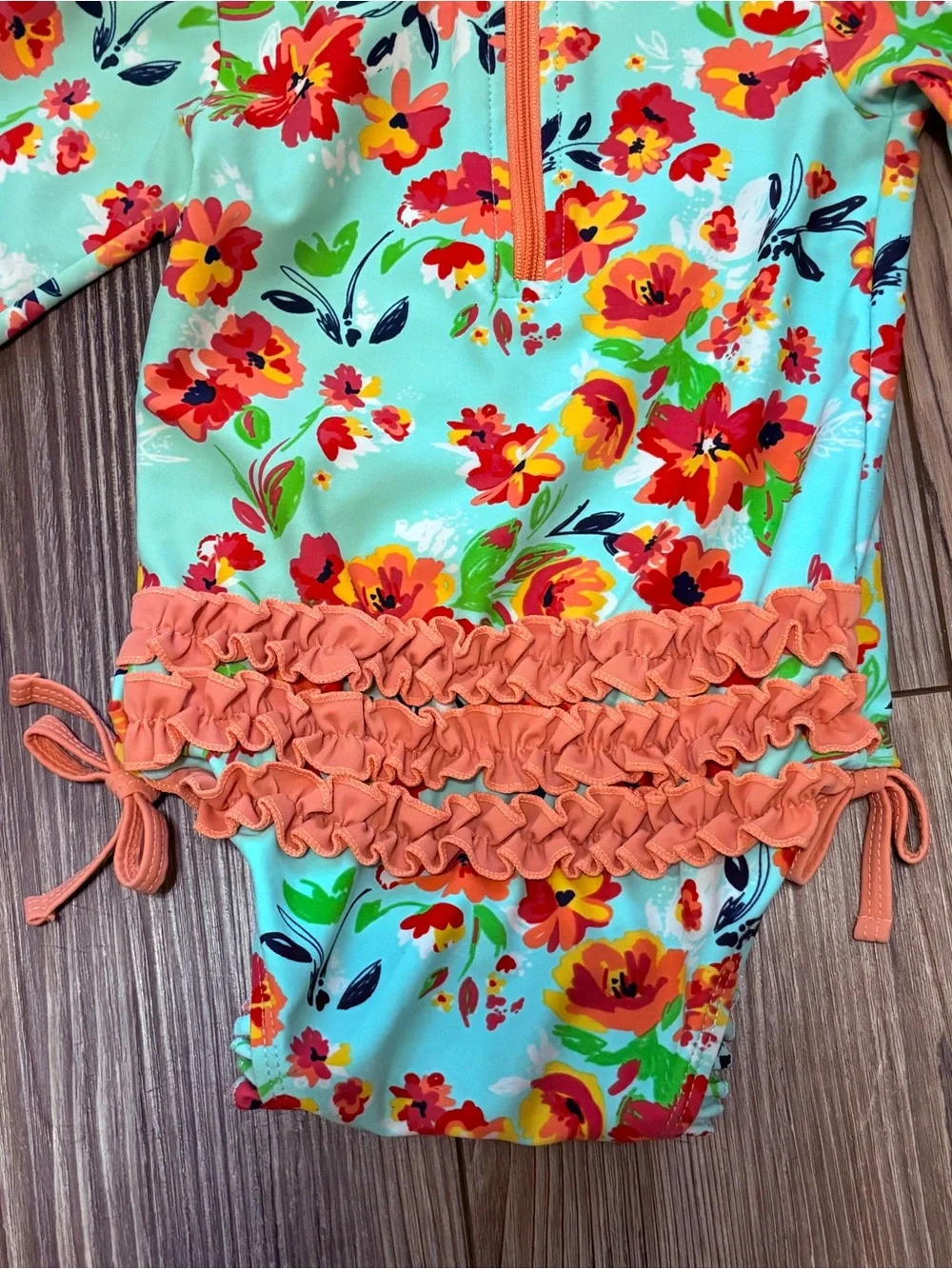 RuffleButts Painted Floral Long Sleeve Rash Guard One Piece Swimsuit 12-18M